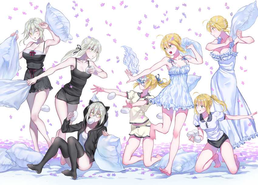 :t ahoge artoria_pendragon_(all) artoria_pendragon_(lancer) artoria_pendragon_(lancer_alter) bangs bare_arms bare_shoulders barefoot black_camisole black_legwear blonde_hair boyshorts braid breasts buruma camisole cleavage commentary_request creature eating fate/grand_order fate_(series) flower fou_(fate/grand_order) french_braid glasses green_eyes hair_between_eyes hair_ribbon highres hood hood_up hoodie kneeling large_breasts looking_at_another medium_breasts mouth_hold multiple_girls multiple_persona mysterious_heroine_x mysterious_heroine_x_(alter) nightgown nipi27 no_shoes one_eye_closed open_mouth outstretched_arm pillow_fight ponytail pout ribbon saber saber_alter saber_lily semi-rimless_eyewear short_sleeves shorts sidelocks sitting sleeveless small_breasts smile standing standing_on_one_leg teeth thighhighs tongue tongue_out under-rim_eyewear yellow_eyes