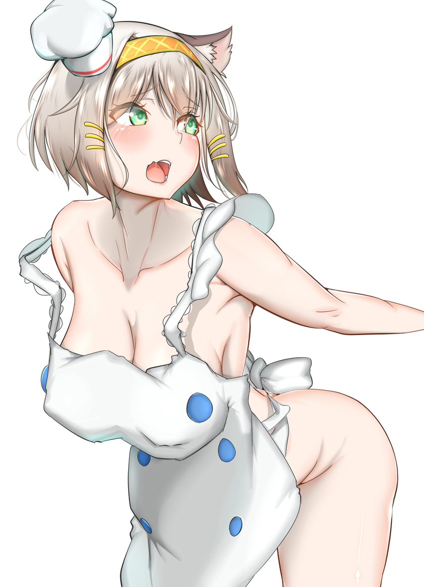 animal_ears apron breasts character_request green_eyes hair_ornament hairband hat highres hyuuman large_breasts monster_hunter monster_hunter_xx naked_apron nipples open_mouth orange_hairband short_hair silver_hair simple_background solo white_background