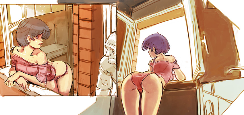 1boy 1girl age_difference ass bent_over blush from_behind joel_jurion looking_back sketch tagme window