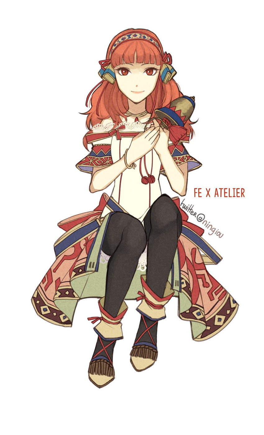 atelier_(series) atelier_shallie celica_(fire_emblem) cosplay dress fire_emblem fire_emblem_echoes:_mou_hitori_no_eiyuuou fire_emblem_gaiden highres kyou_(ningiou) long_hair red_hair shallistera_(atelier) shallistera_(atelier)_(cosplay) simple_background solo thighhighs twitter_username white_background