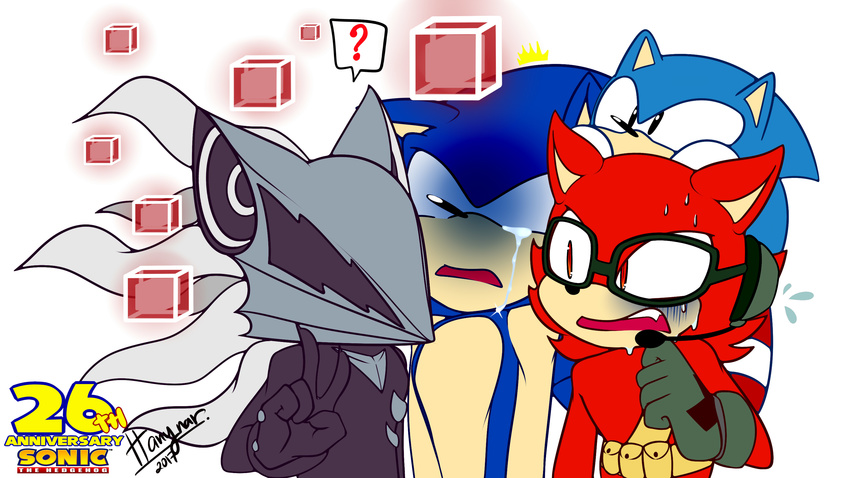 ? anniversary anthro big_ears canine claws clothing crying custom_character_(sonic_forces) cute demon english_text eyewear glasses gloves group hanynar headgear headphones headset hedgehog hi_res infinite_(sonic) looking_up male mammal nude open_mouth pointy_ears quills red_eyes sharp_claws sharp_teeth simple_background size_difference sonic_(series) sonic_forces sonic_the_hedgehog standing sweat tears teeth text v_sign video_games white_background wolf