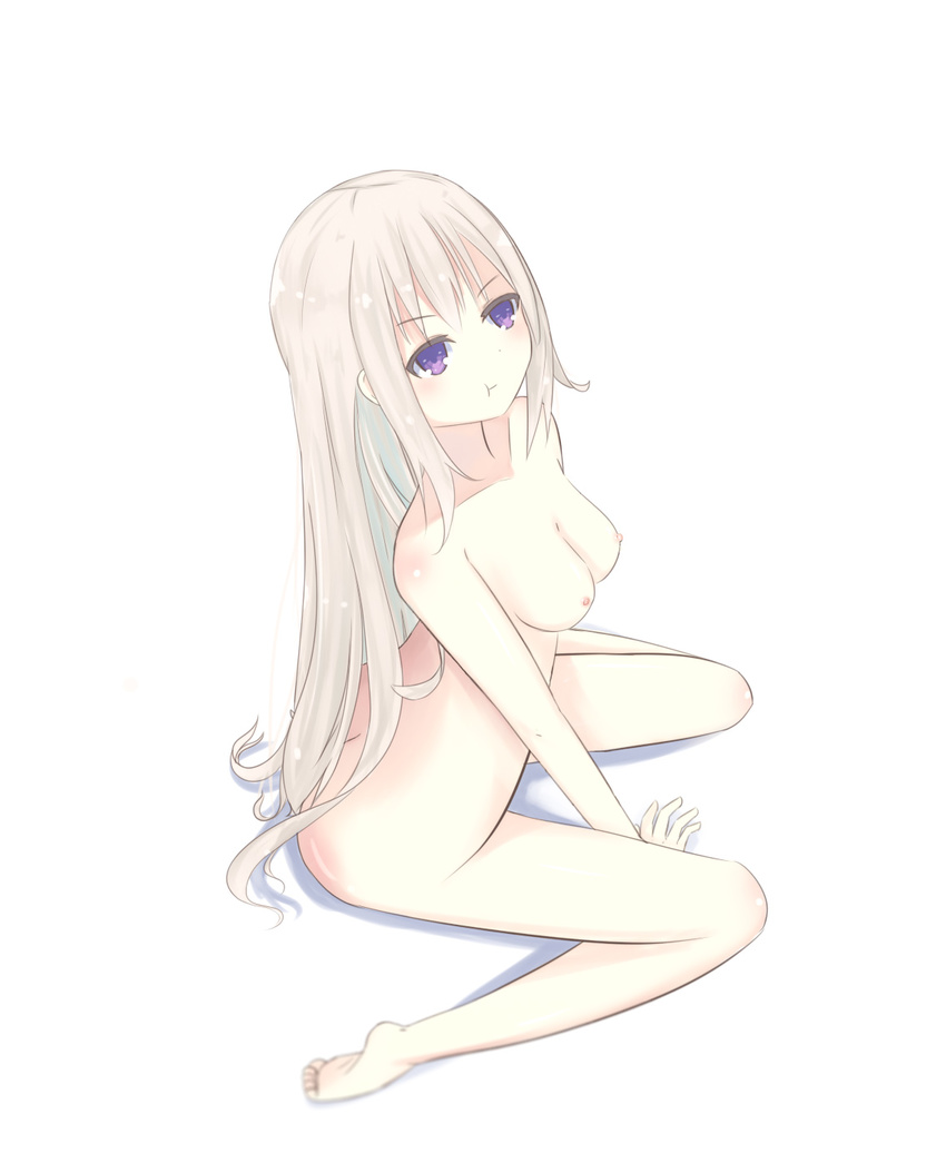 1girl :t arm_support artist_request bangs barefoot blonde_hair breasts character_request copyright_request long_hair nipples nude purple_eyes shadow simple_background soles solo toes very_long_hair wariza white_background