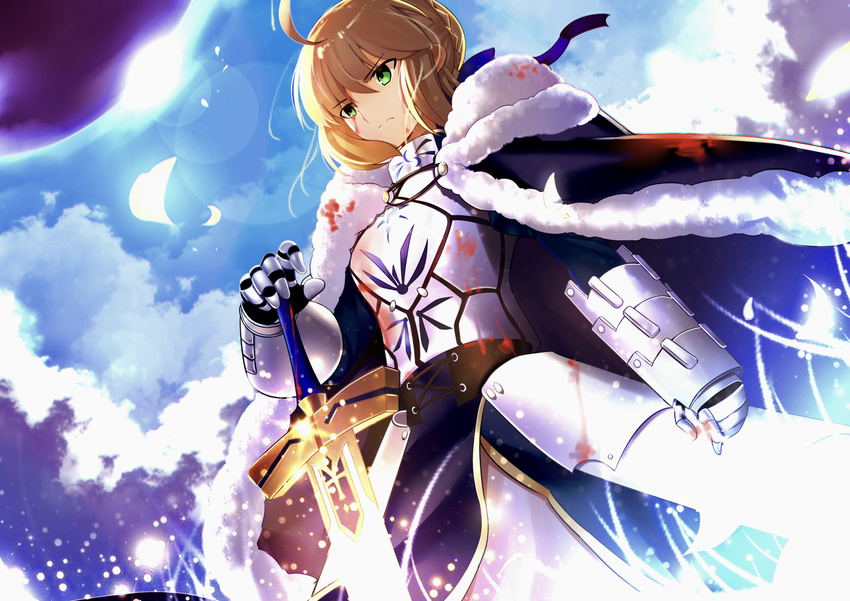 absurdres ahoge armor artoria_pendragon_(all) bangs braid breastplate cloak closed_mouth cloud cloudy_sky commentary_request day dutch_angle excalibur fate/stay_night fate_(series) faulds french_braid fur_trim gauntlets green_eyes hair_bun highres lens_flare outdoors paperfinger planted_sword planted_weapon saber serious sidelocks sky solo standing sword weapon
