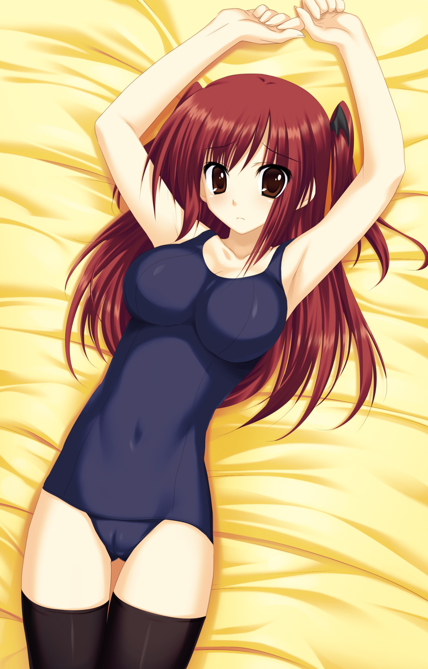 absurdres armpits arms_up bangs bare_arms bare_shoulders bat_hair_ornament bed_sheet black_legwear blue_swimsuit breasts brown_hair closed_mouth collarbone covered_navel eyebrows_visible_through_hair fingernails from_above hair_between_eyes hair_ornament highres large_breasts long_fingernails long_hair looking_at_viewer lying medium_breasts nanakase_yui nekonade_distortion old_school_swimsuit on_back on_bed one-piece_swimsuit red_hair scan school_swimsuit skin_tight solo swimsuit thigh_gap thighhighs tsukinon two_side_up