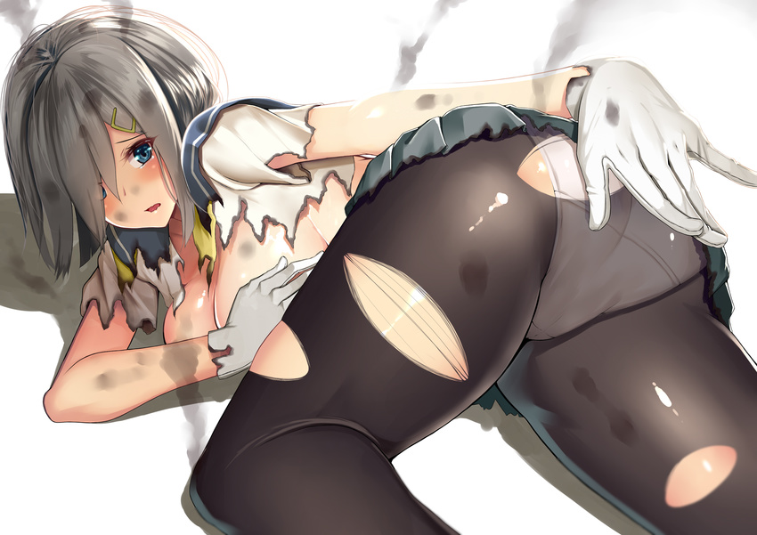 ass blue_eyes blush breasts cleavage covering covering_ass embarrassed foreshortening gloves grey_skirt hair_ornament hair_over_one_eye hairclip hamakaze_(kantai_collection) highres kantai_collection large_breasts looking_at_viewer open_mouth panties panties_under_pantyhose pantyhose pleated_skirt school_uniform scorch_marks serafuku shadow short_hair short_sleeves silver_hair simple_background skirt solo suika_(atelier-yuu) thighhighs torn_clothes torn_legwear underwear white_background white_gloves white_panties