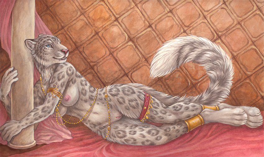 2017 4_toes 5_fingers anklet anthro armlet blue_eyes breasts detailed_background feline female fur grey_fur inside jewelry leopard looking_aside lying mammal mostly_nude navel nipples on_side paws pinup pose pussy rukis solo spots spotted_fur toes whiskers