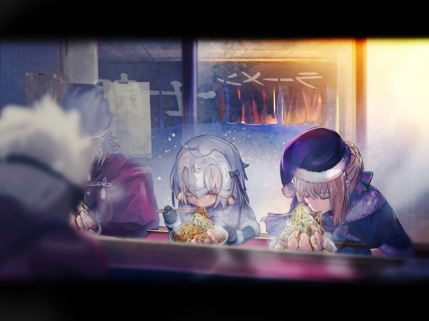 2girls ahoge amakusa_shirou_(fate) archer artoria_pendragon_(all) bell black_gloves blonde_hair blurry capelet chopsticks christmas closed_eyes commentary_request cross depth_of_field eating elbow_gloves fate/grand_order fate_(series) food fur_trim gloves hat headpiece highres holding holding_chopsticks indoors jeanne_d'arc_(fate)_(all) jeanne_d'arc_alter_santa_lily jirou_(ramen) mask meat multiple_boys multiple_girls namaashi_(user_fuga4235) noodles noren pom_pom_(clothes) ramen saber_alter santa_alter santa_costume santa_hat short_hair sidelocks star white_hair yellow_eyes