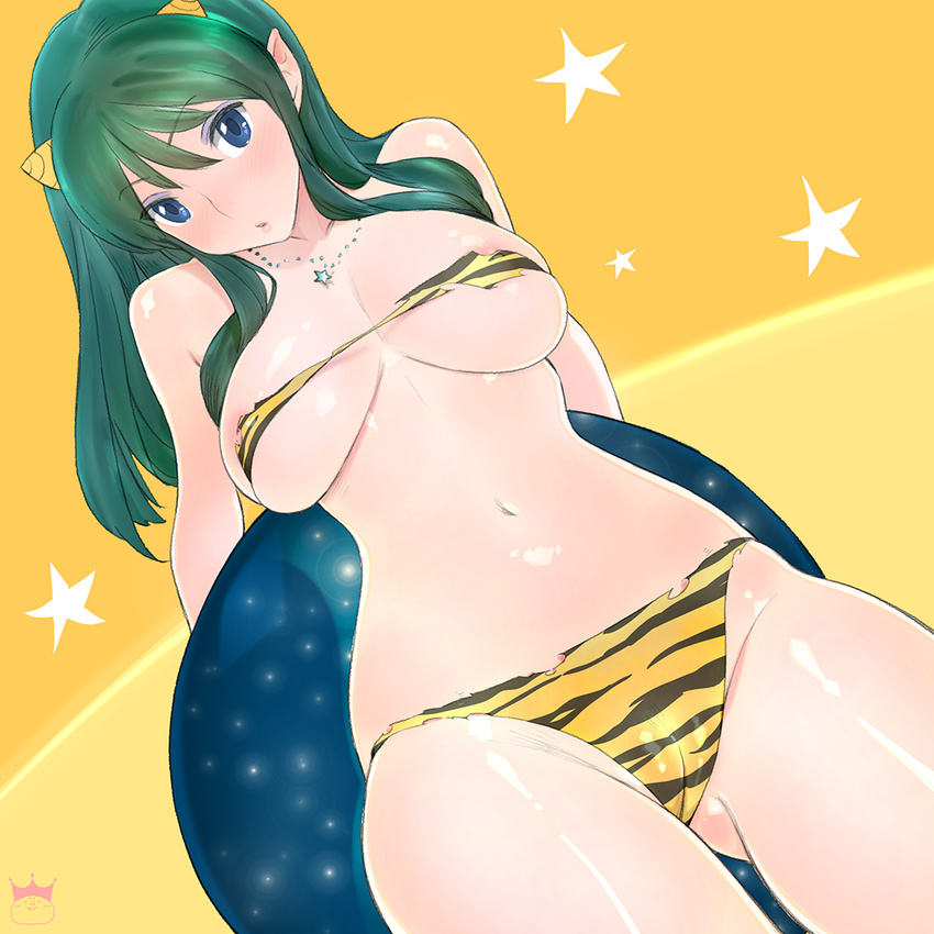 animal_print bikini blue_eyes breasts cameltoe green_hair horns jewelry large_breasts long_hair looking_at_viewer lum necklace parted_lips pink_crown print_bikini skindentation solo swimsuit thighs tiger_print urusei_yatsura