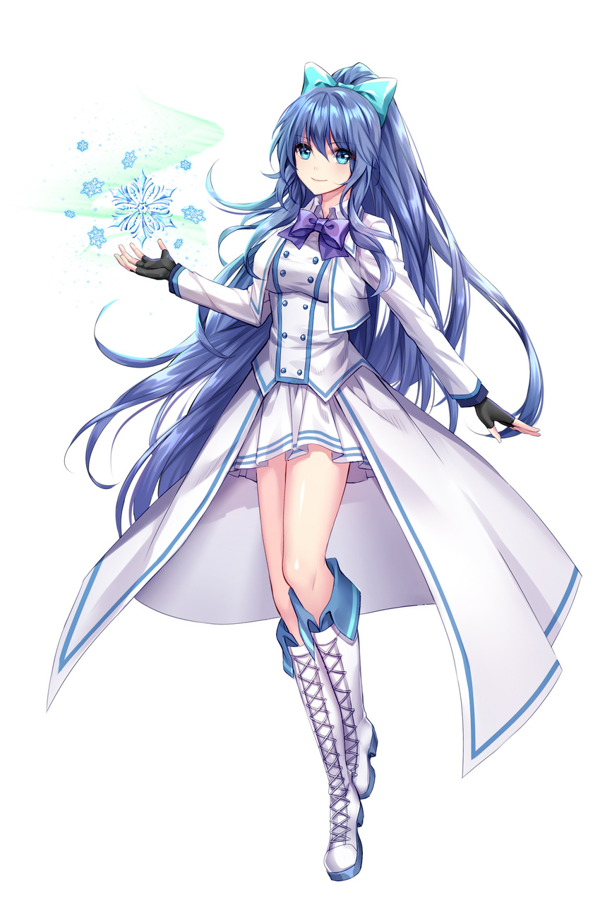 althea_(sakiya0000) black_gloves blue_bow blue_eyes blue_hair boots bow bowtie cross-laced_footwear fingerless_gloves floating_hair full_body gloves hair_between_eyes hair_bow high_ponytail highres knee_boots lace-up_boots long_hair looking_at_viewer miniskirt original pleated_skirt purple_bow purple_neckwear shiny shiny_skin simple_background skirt smile snowflakes solo very_long_hair white_background white_footwear white_skirt