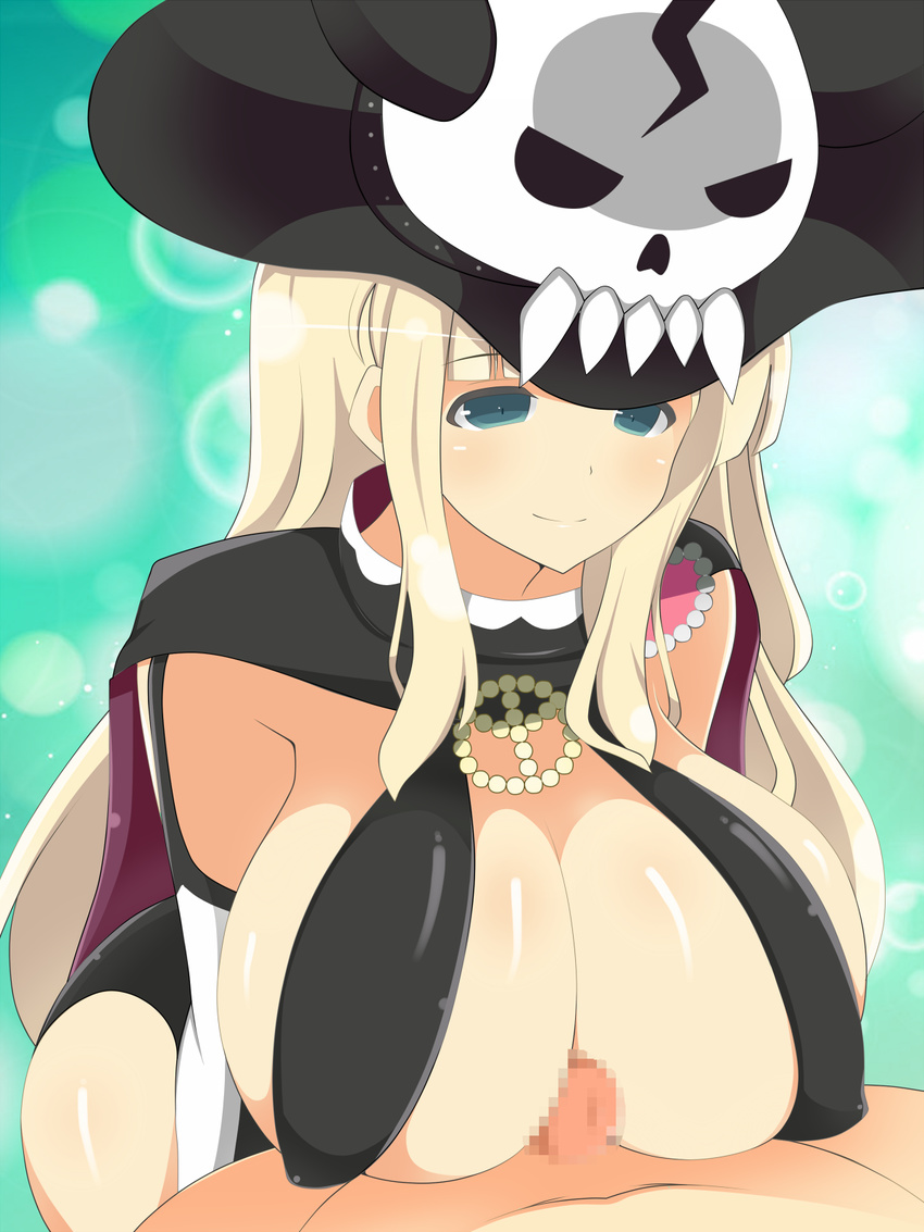 1girl bangs blonde_hair blunt_bangs blush breasts cape censored cleavage closed_mouth commentary_request cosplay covered_nipples elbow_gloves gloves green_eyes hat hetero highres huge_breasts joutarou leaning_forward long_hair mosaic_censoring paizuri penis revealing_clothes senran_kagura senran_kagura_shinovi_versus shiki_(senran_kagura) shiki_(senran_kagura)_(cosplay) sidelocks smile solo_focus very_long_hair white_gloves witch_hat yomi_(senran_kagura)