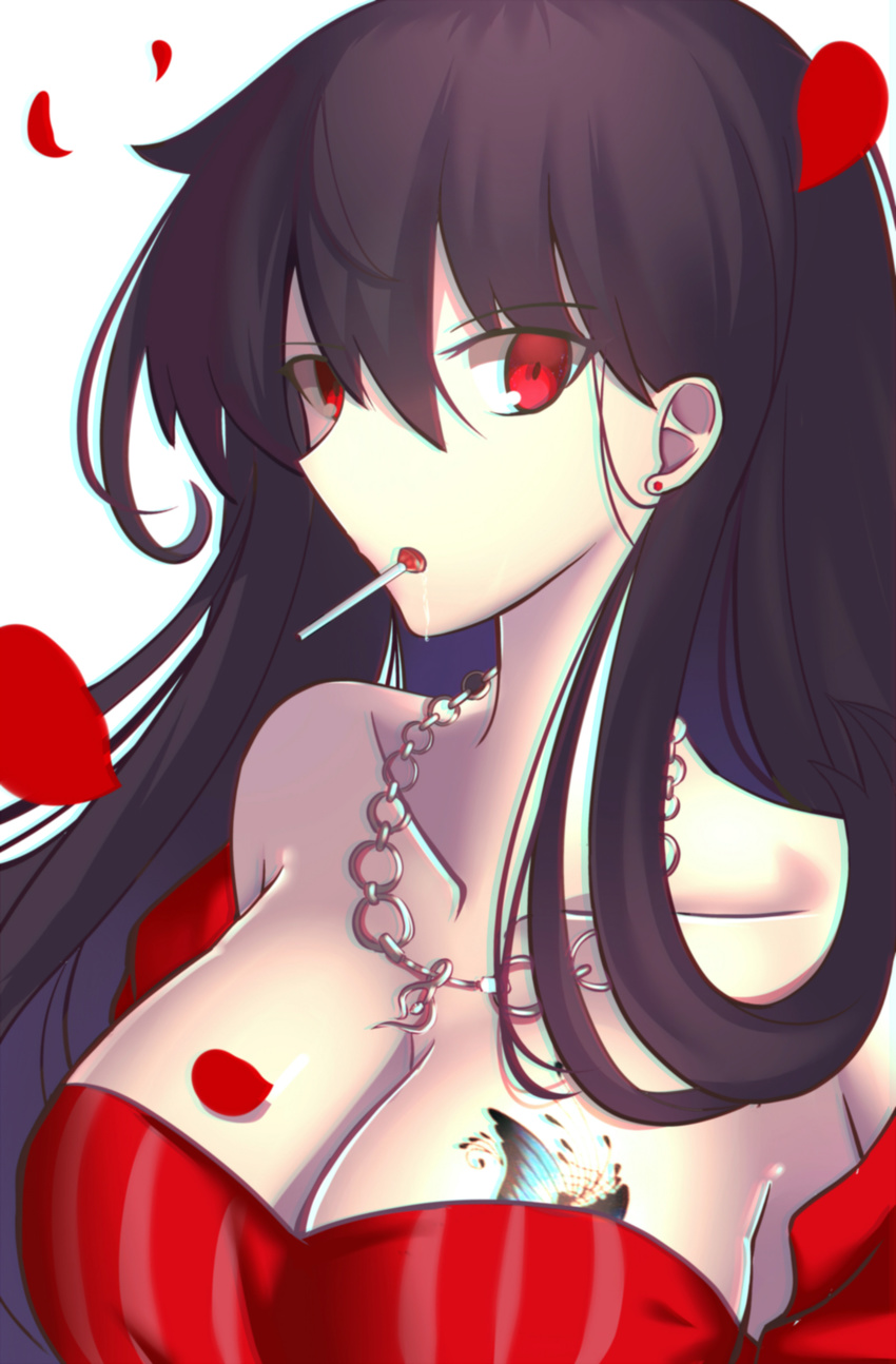 absurdres bangs breast_tattoo breasts candy cleavage collarbone commentary_request dress eyebrows_visible_through_hair fate/prototype fate/prototype:_fragments_of_blue_and_silver fate_(series) food food_in_mouth grey_background hair_between_eyes highres jewelry large_breasts lollipop long_hair looking_at_viewer necklace pale_skin paperfinger petals red_dress red_eyes reiroukan_misaya saliva simple_background solo tattoo upper_body white_skin