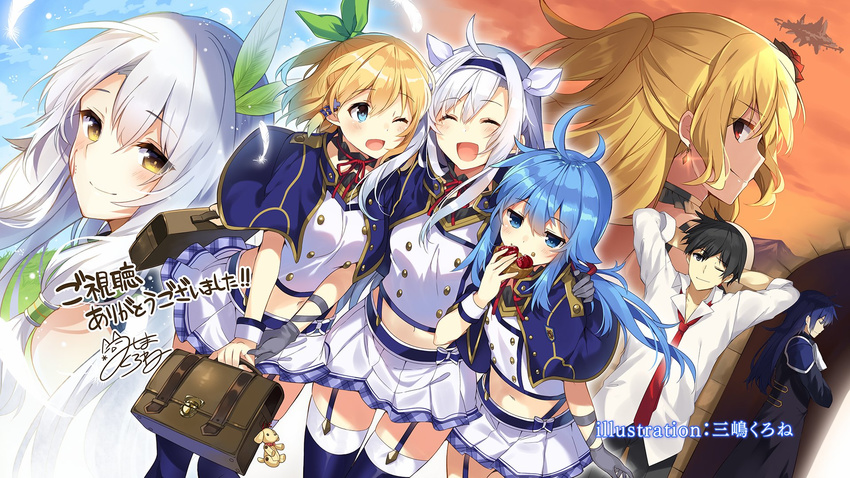5girls ;) ;d ahoge albert_frazer alzano_school_uniform arms_behind_head artist_name bag blonde_hair blue_eyes blue_hair blue_hairband blue_legwear capelet celica_alfonea closed_eyes earrings eating end_card eyebrows_visible_through_hair feathers floating_island flower garter_straps glenn_radars green_feathers green_ribbon hair_between_eyes hair_feathers hair_flower hair_ornament hair_ribbon hairband hand_on_another's_shoulder highres holding jewelry leaning_forward long_hair looking_at_viewer midriff miniskirt mishima_kurone multiple_boys multiple_girls navel neck_ribbon necktie one_eye_closed open_mouth pleated_skirt ponytail red_eyes red_flower red_neckwear red_ribbon ribbon rokudenashi_majutsu_koushi_to_akashic_record rumia_tingel ryiel_rayford sara_silvers school_briefcase shirt short_hair silver_hair sistine_fiber skirt smile standing stomach suspender_skirt suspenders thighhighs very_long_hair white_ribbon white_shirt white_skirt yellow_eyes zettai_ryouiki