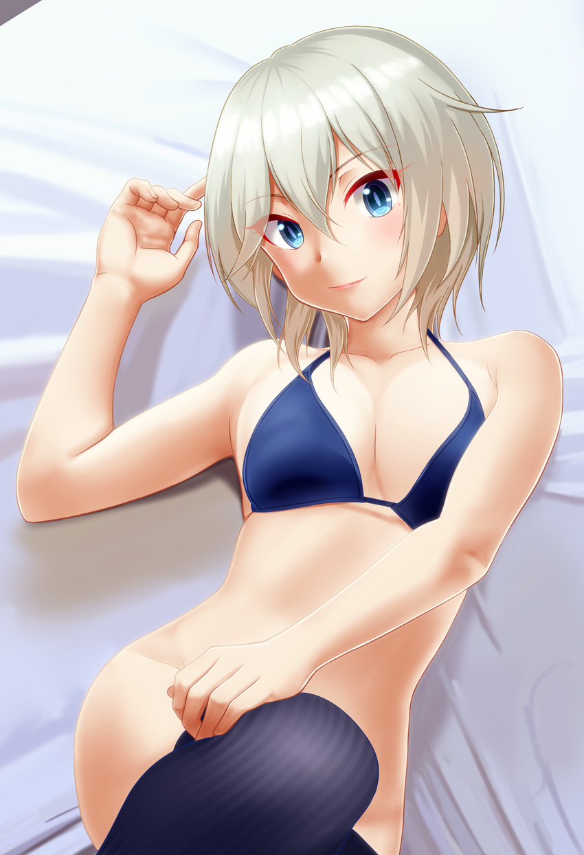 anastasia_(idolmaster) bangs bare_arms bare_shoulders bed_sheet blue_bra blue_eyes blue_legwear blush bottomless bra breast_squeeze breasts cleavage closed_mouth collarbone commentary_request convenient_leg cowboy_shot eyebrows_visible_through_hair eyes_visible_through_hair groin hair_between_eyes halterneck hand_on_own_thigh hand_up head_tilt highres idolmaster idolmaster_cinderella_girls indoors leg_lift light_smile lips looking_at_viewer lying medium_breasts on_back parted_bangs pink_lips short_hair silver_hair solo strap_gap striped striped_legwear taka_(takahirokun) thighhighs underwear underwear_only vertical-striped_legwear vertical_stripes