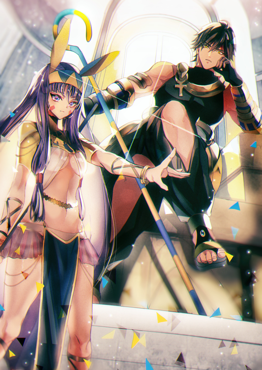 1girl backlighting bangs black_hair bracelet bracer breasts closed_mouth commentary_request crossed_legs egyptian egyptian_clothes facial_mark fate/grand_order fate/prototype fate/prototype:_fragments_of_blue_and_silver fate_(series) hairband hand_on_own_cheek highres jewelry legs_apart long_hair looking_at_viewer navel nitocris_(fate/grand_order) outstretched_arm ozymandias_(fate) pelvic_curtain purple_eyes purple_hair sakura_hitsuji sandals sitting small_breasts staff standing underboob yellow_eyes