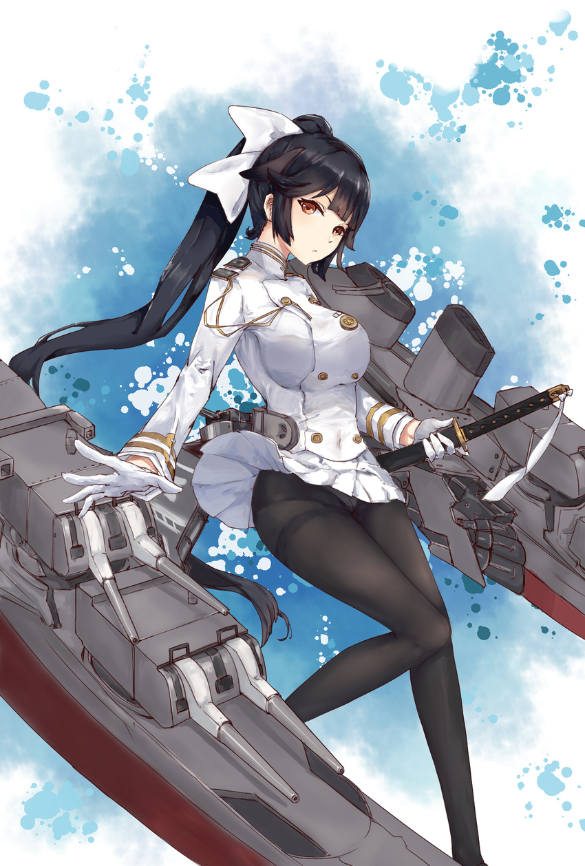 azur_lane bangs black_hair black_legwear blunt_bangs blush bow breasts brown_eyes cannon closed_mouth commentary_request crotch_seam double-breasted gloves hair_bow highres holding holding_sword holding_weapon jin_yun katana large_breasts legs_apart long_hair long_sleeves machinery military military_uniform miniskirt panties panties_under_pantyhose pantyhose pantyshot pantyshot_(standing) pleated_skirt ponytail rigging sheath sheathed skirt skirt_lift solo standing sword takao_(azur_lane) thighband_pantyhose underwear uniform upskirt weapon white_bow white_gloves white_panties white_skirt