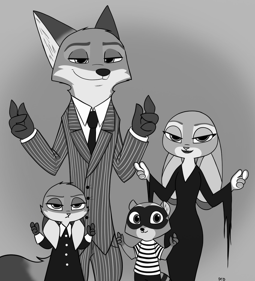 2017 anthro canine clothed clothing cooper_(zootopia) disney fan_character female fox fur group hi_res hybrid judy_hopps lagomorph male mammal nick_wilde parody rabbit raccoon skeletonguys-and-ragdolls the_addams_family violet_(zootopia) young zootopia