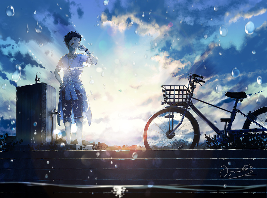 backlighting bandaged_arm bandages bandaid bandaid_on_face bicycle bicycle_basket blue_sky blurry blurry_foreground bokeh clothes_around_waist cloud cloudy_sky commentary dark depth_of_field drinking_fountain fusui ground_vehicle hand_on_hip hand_up house jewelry lens_flare light_rays looking_afar looking_to_the_side male_focus necklace original pants pants_rolled_up partially_submerged partially_underwater_shot rain see-through_silhouette shirt shirt_around_waist signature sky solo spiked_hair stairs stone_stairs sun sunlight sweat twilight water water_drop wet wet_clothes wet_shirt whistle whistle_around_neck wiping_mouth wristband