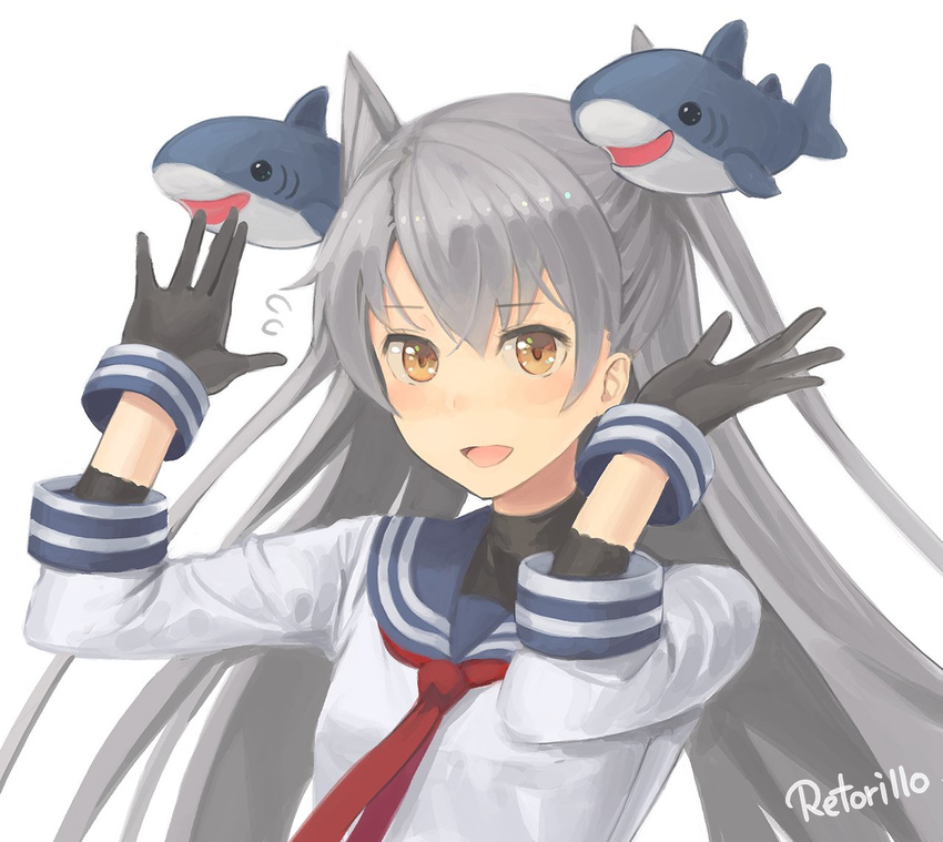 amatsukaze_(kantai_collection) arms_up artist_name black_gloves blush breasts commentary_request cosplay gloves grey_hair headgear kantai_collection long_hair looking_at_viewer murakumo_(kantai_collection) murakumo_(kantai_collection)_(cosplay) necktie open_mouth orange_eyes red_neckwear retorillo shark small_breasts smile solo two_side_up upper_body white_background