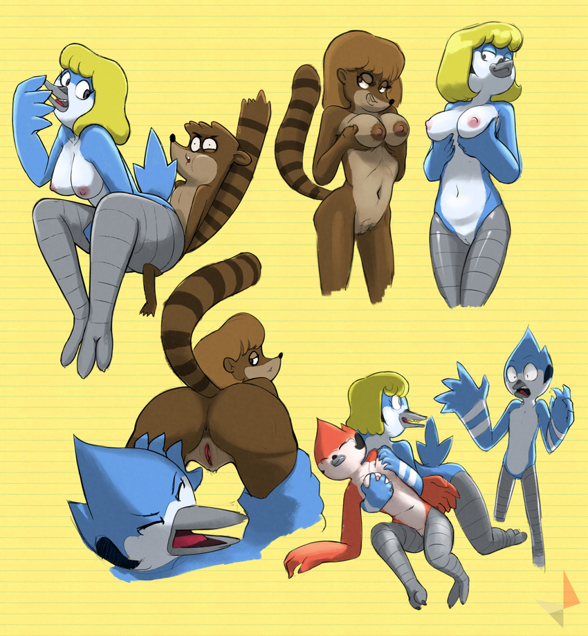 anthro anus areola avian barbera_(regular_show) bird blonde_hair blue_jay breast_grab breasts brown_hair butt cartoon_network claws corvid d-rock eyes_closed female female/female hair half-closed_eyes hand_on_breast hi_res looking_back male male/female mammal margaret mature_female mordecai's_mom mordecai_(regular_show) multiple_positions navel nipples non-mammal_breasts nude open_mouth presenting presenting_breasts presenting_hindquarters pussy raccoon raised_tail rear_view regular_show rigby_(regular_show) robin seductive simple_background smile smirk teeth thick_thighs toe_claws tongue