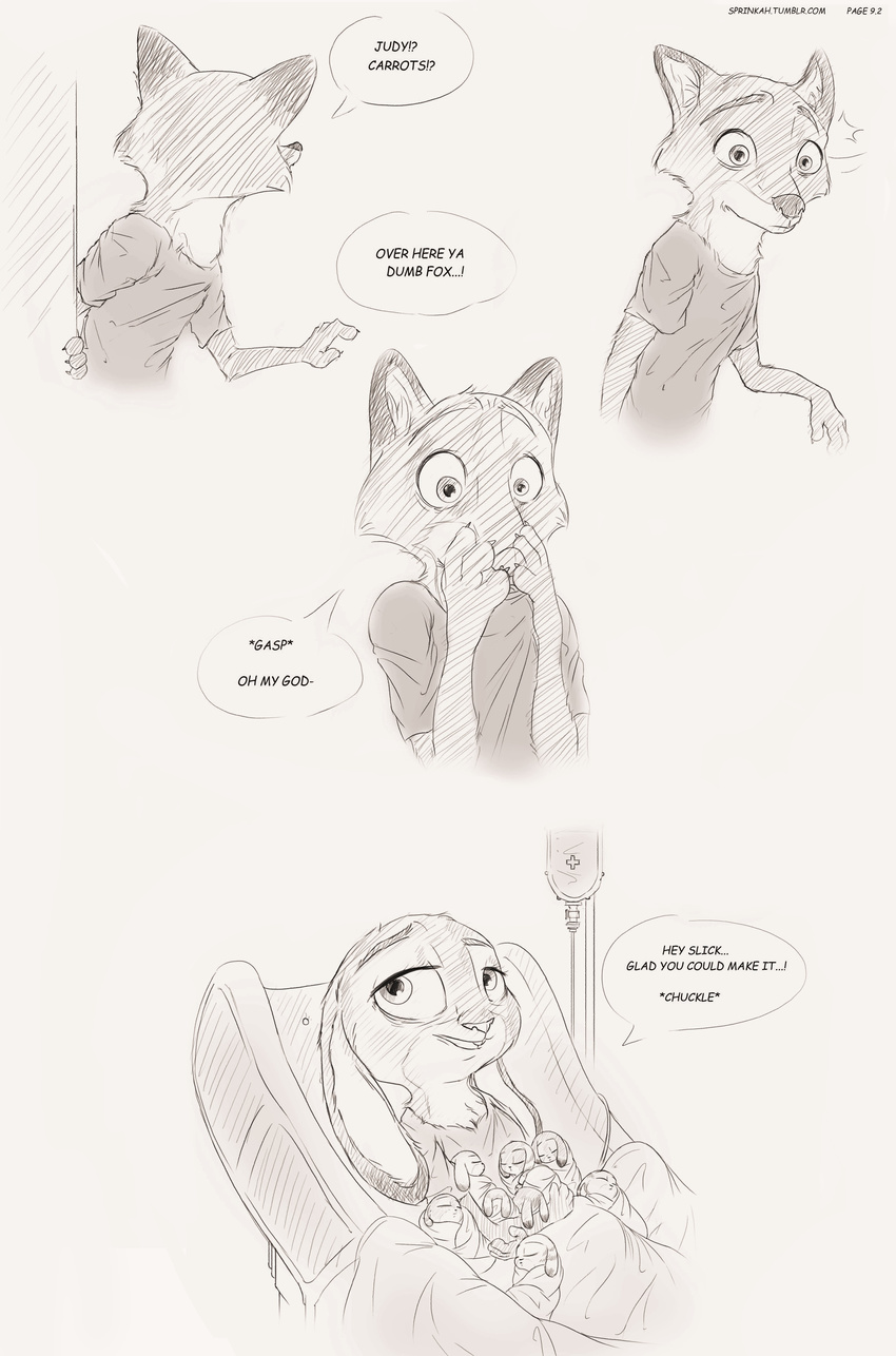 ambiguous_gender anthro baby bed canine clothed clothing comic dialogue disney english_text female fox fur group hi_res intravenous judy_hopps lagomorph male mammal monochrome nick_wilde rabbit smile sprinkah text url young zootopia