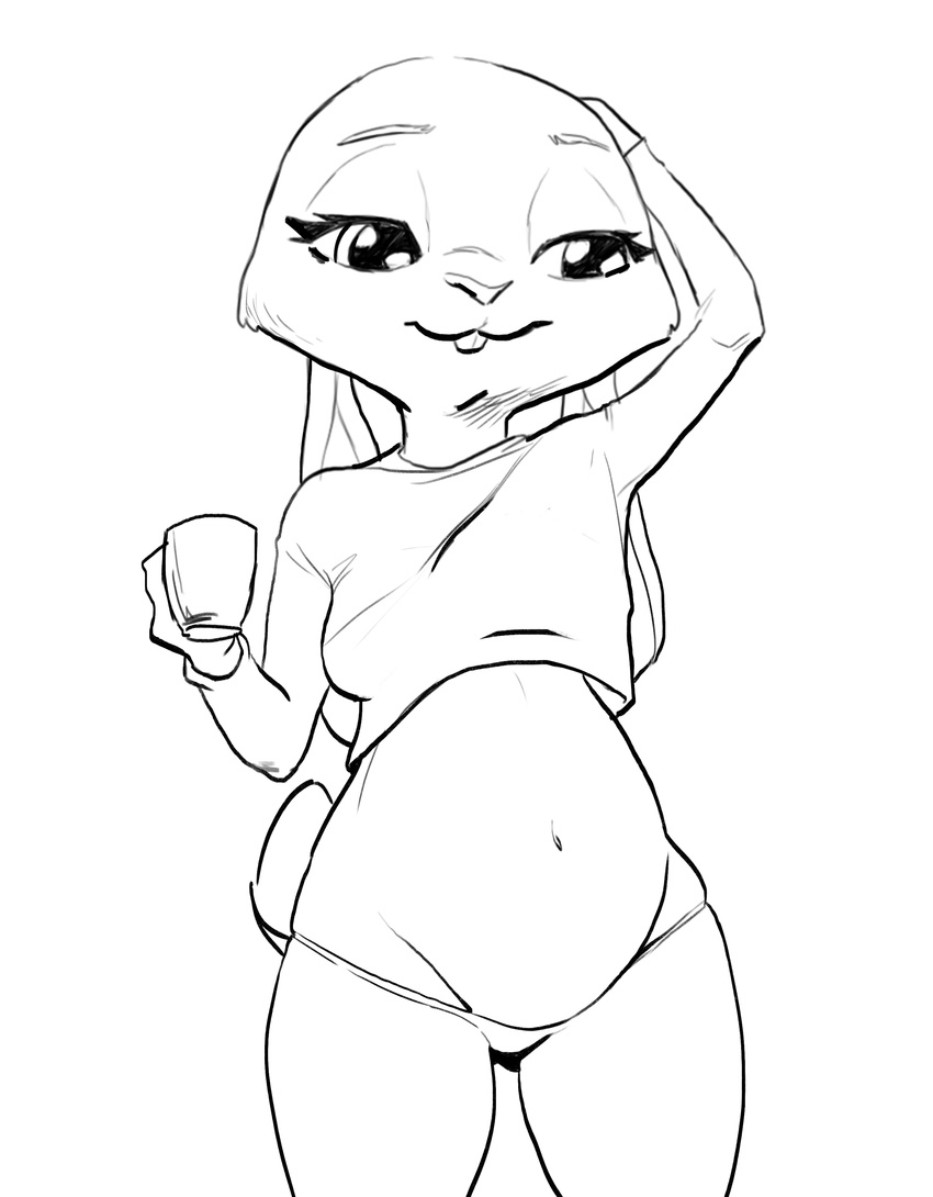 2016 absurd_res anthro bedroom_eyes belly big_belly breasts buckteeth clothed clothing coffee_cup disney female half-closed_eyes hand_on_head hi_res judy_hopps lagomorph long_ears mammal midriff navel panties pregnant rabbit raised_arm seductive simple_background sirdooblie skimpy small_breasts smile solo teeth thong underwear zootopia