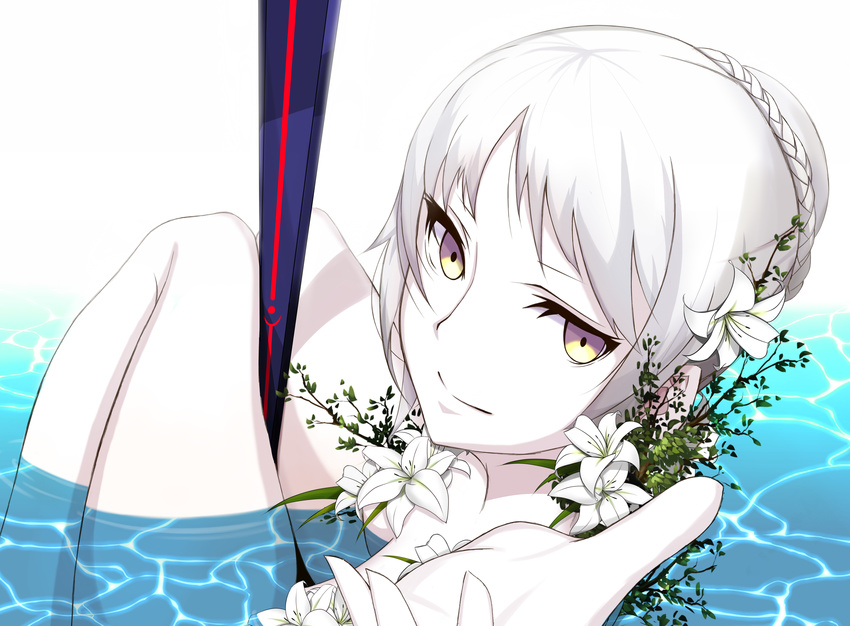 absurdres artoria_pendragon_(all) between_legs braid dark_excalibur fate/grand_order fate_(series) flower hair_flower hair_ornament highres hitsujin_(kagaribi0328) lily_(flower) looking_at_viewer looking_back outstretched_hand partially_submerged saber_alter smile solo water white_skin yellow_eyes