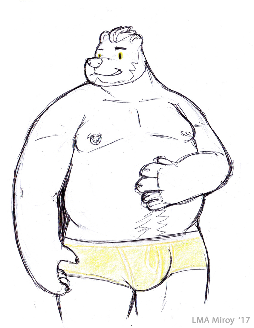 2017 alexyorim anthro bear beard body_hair boxer_briefs clothed clothing facial_hair hand_on_stomach happy_trail male mammal nipple_piercing nipples piercing pride_month simple_background solo topless traditional_media_(artwork) underwear white_background yellow_eyes yellow_underwear