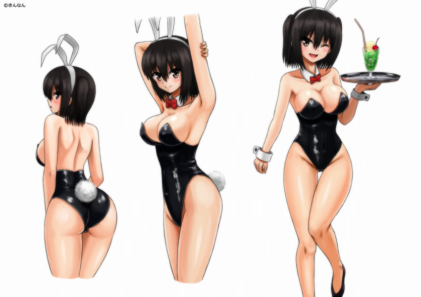 animal_ears arms_up artist_name ass black_hair black_leotard bow bowtie breasts brown_eyes bunny_ears bunny_tail bunnysuit cleavage cowboy_shot detached_collar drink highres kantai_collection kinnan leotard md5_mismatch medium_breasts multiple_views one_eye_closed red_bow red_neckwear sendai_(kantai_collection) short_hair simple_background standing standing_on_one_leg strapless strapless_leotard tail tray two_side_up white_background wrist_cuffs