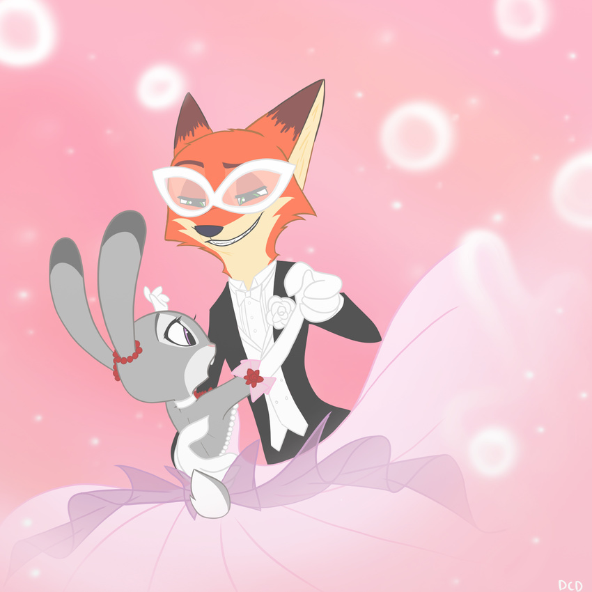 2017 4_fingers anthro armwear canine clothed clothing dancing dipstick_ears disney dress duo elbow_gloves eyewear female fox fully_clothed fur glasses gloves grey_fur hand_holding hi_res judy_hopps lagomorph long_ears looking_at_another male mammal nick_wilde open_mouth orange_fur pink_background rabbit simple_background smile suit zootopia