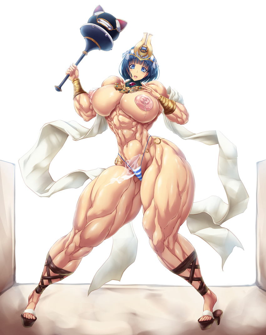 1girl blue_eyes breasts egyptian extreme_muscles female full_body huge_breasts jewelry menace muscle nipples outdoors panties purukogi_(plasma_beach) queen's_blade short_hair sky solo striped striped_panties thick_thighs thighs underwear