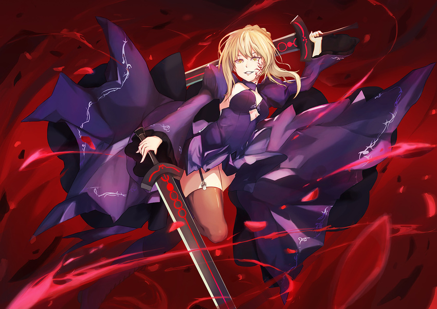 artoria_pendragon_(all) blonde_hair braid breasts cassell commentary_request corruption dark_excalibur dress dual_wielding fate/grand_order fate_(series) french_braid garter_straps holding juliet_sleeves long_hair long_sleeves medium_breasts photoshop_(medium) puffy_sleeves saber_alter smile solo teeth thighhighs thighs wide_sleeves yellow_eyes
