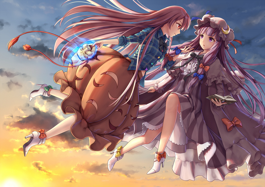 book bubble_skirt cloud commentary dress dtvisu flying hair_ribbon hat hata_no_kokoro high_heels holding_another's_hair long_hair looking_at_another mask mob_cap multiple_girls patchouli_knowledge pink_hair purple_eyes purple_hair red_eyes ribbon skirt sky sunset touhou very_long_hair