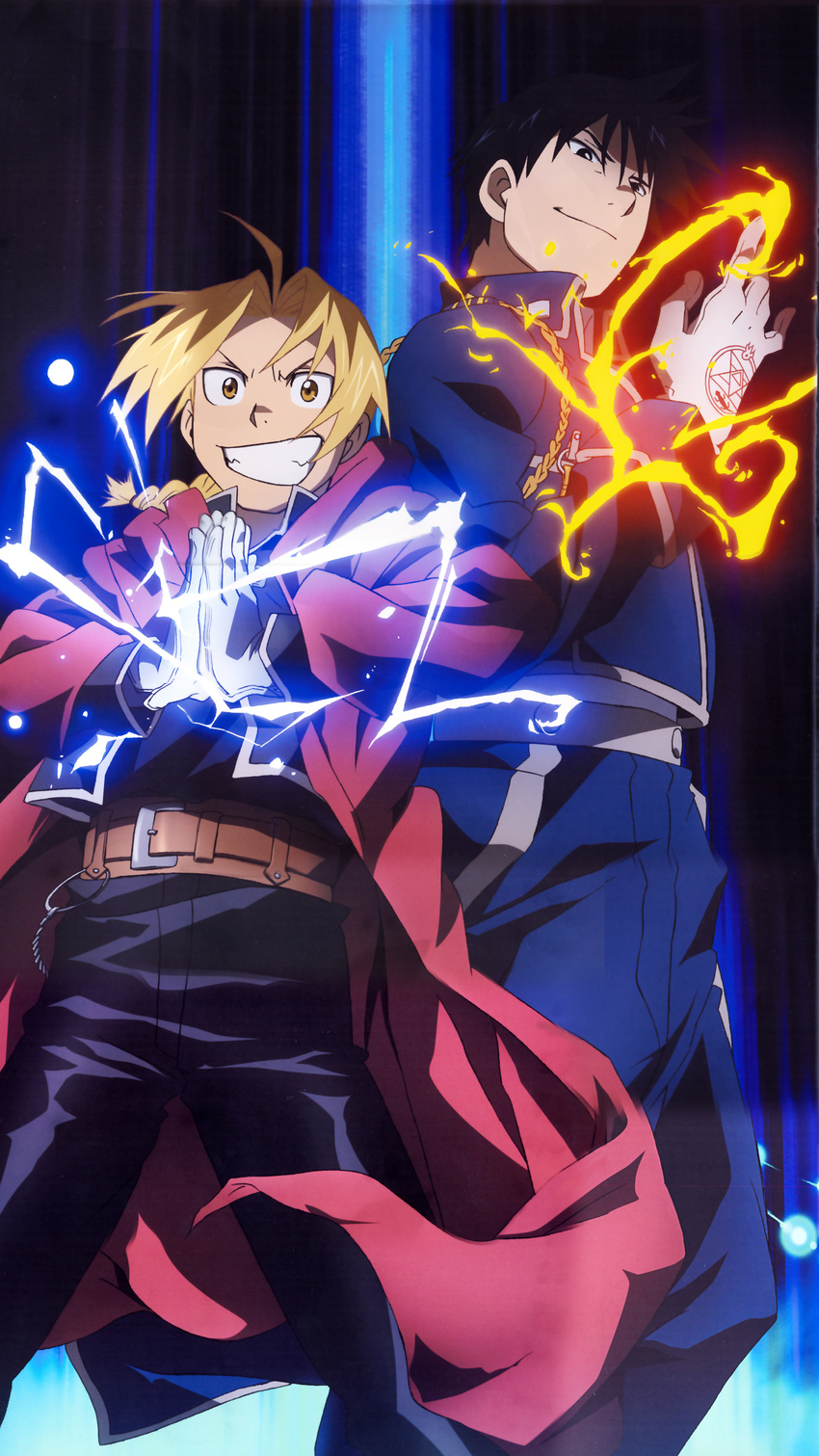 absurdres alchemy black_background black_eyes black_hair black_pants blonde_hair blue_background braid coat edward_elric energy fire fullmetal_alchemist gloves grin highres looking_at_viewer multiple_boys official_art pants red_coat roy_mustang short_hair smile uniform yellow_eyes