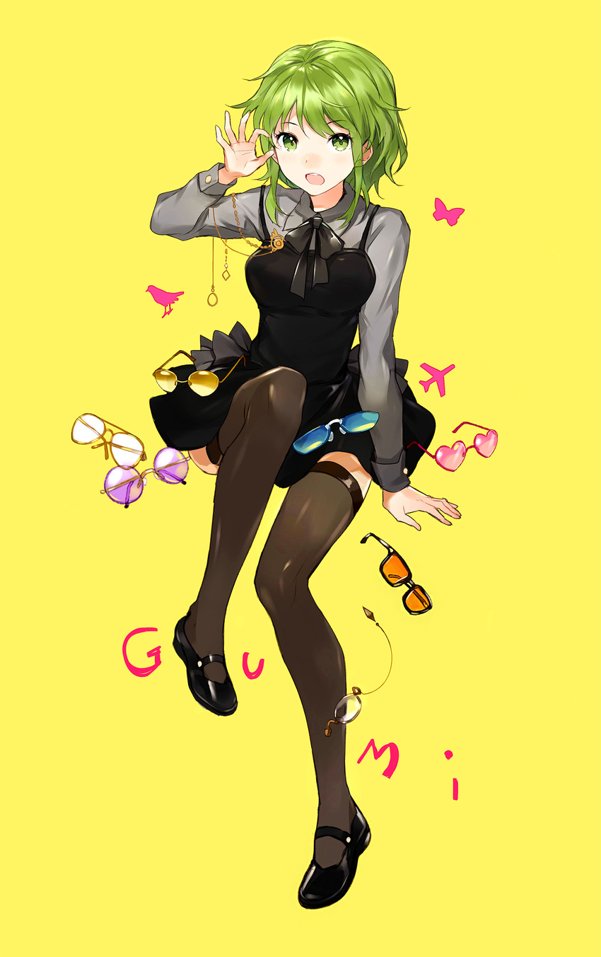 :o absurdres apring arm_support arm_up bad_id bad_pixiv_id bangs banned_artist black-framed_eyewear black_bow black_dress black_legwear black_neckwear bow bowtie breasts character_name dress eyewear_removed full_body glasses green_eyes green_hair gumi heart heart-shaped_eyewear highres long_sleeves looking_at_viewer mary_janes medium_breasts monocle open_mouth round_teeth shirt shoes short_hair simple_background sitting solo sunglasses teeth thighhighs vocaloid wing_collar yellow_background