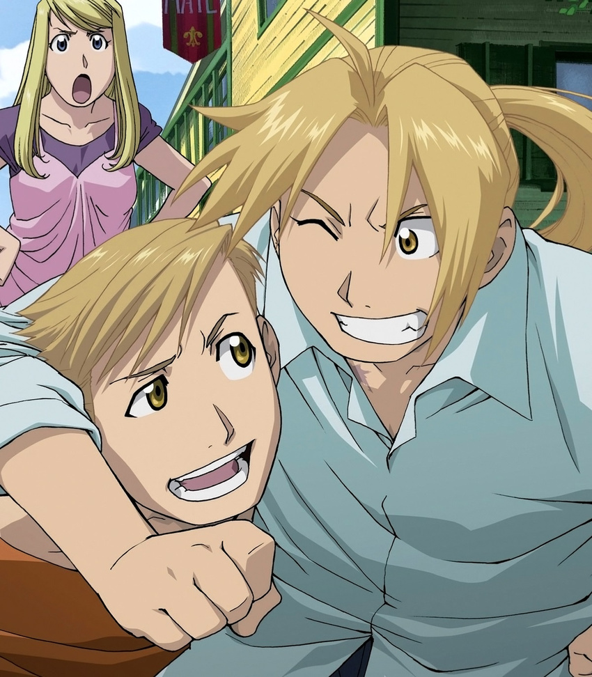 2boys alphonse_elric blonde_hair blue_eyes blue_shirt brothers cloud day edward_elric fullmetal_alchemist grin hands_on_another's_shoulders hands_on_hips highres house long_hair looking_at_another multiple_boys official_art one_eye_closed open_mouth pink_shirt ponytail purple_shirt red_shirt shirt short_hair siblings sky smile winry_rockbell yellow_eyes