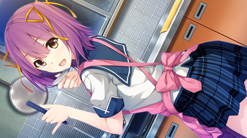 apron cooking dutch_angle game_cg hair_ribbon holding indoors kitchen ladle looking_at_viewer looking_back official_art open_mouth pink_apron plaid plaid_skirt pleated_skirt purple_hair ribbon school_uniform short_hair short_sleeves skirt solo sorairo_innocent tsubaki_ami two_side_up unasaka_ryou yellow_eyes