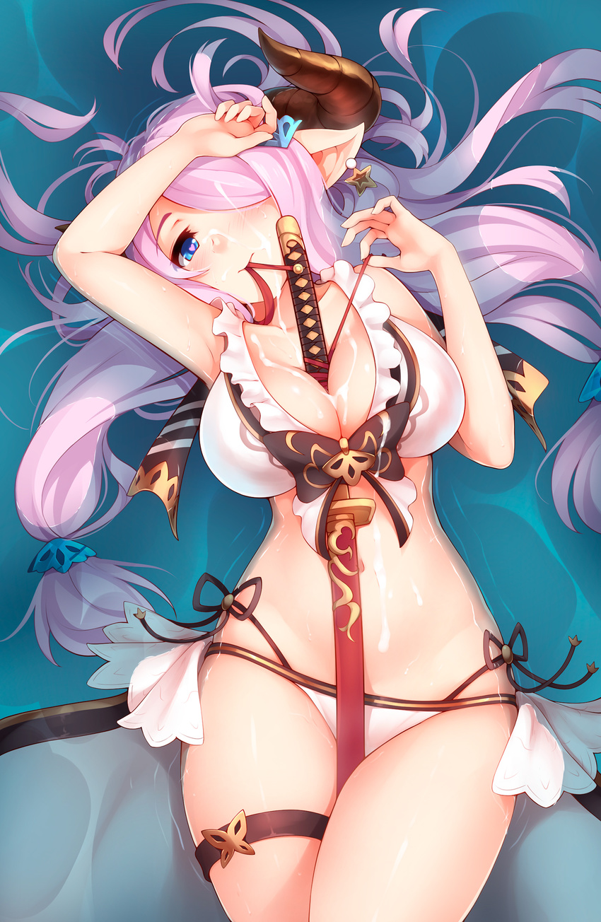 afloat between_breasts bikini blue_eyes blush breasts cleavage cum cum_on_body cum_on_breasts cum_on_hair cum_on_stomach cum_on_upper_body demon_horns draph earrings facial granblue_fantasy hair_ornament hair_over_one_eye heart heart-shaped_pupils highres horns jewelry katana large_breasts lavender_hair long_hair looking_at_viewer low_tied_hair lying mouth_hold narmaya_(granblue_fantasy) navel on_back pointy_ears ricegnat sheath sheathed solo star star_earrings swimsuit sword symbol-shaped_pupils water weapon white_bikini