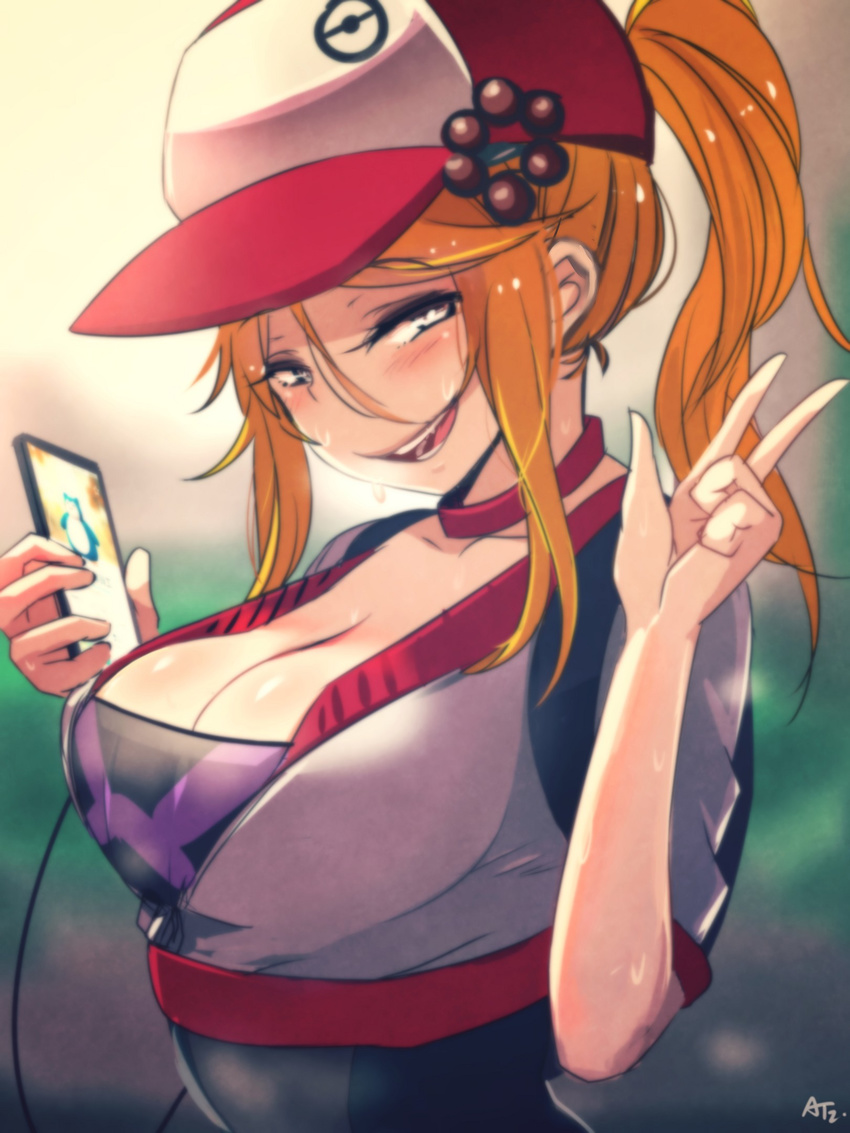 artist_name at2. black_eyes blurry blush breasts cellphone choker cleavage depth_of_field female_protagonist_(pokemon_go) gen_1_pokemon hair_between_eyes hair_ornament hat highres large_breasts looking_at_viewer naughty_face orange_hair phone pokemon pokemon_(creature) pokemon_go ponytail smartphone smile snorlax solo sweat upper_body w