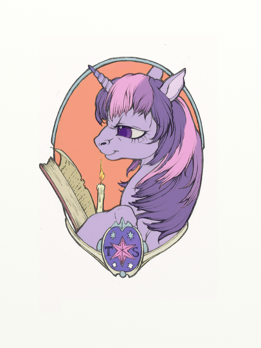 2013 book cutie_mark equine female feral fillyphalanx fire friendship_is_magic fur hair hi_res horn mammal multicolored_hair my_little_pony portrait purple_eyes purple_fur purple_hair reading simple_background solo twilight_sparkle_(mlp) two_tone_hair unicorn white_background