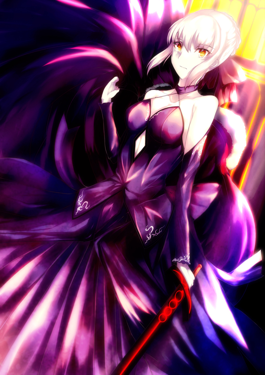 :| artoria_pendragon_(all) bare_shoulders blonde_hair breasts cape cleavage closed_mouth commentary_request dark_excalibur detached_sleeves dress fate/stay_night fate_(series) fur-trimmed_cape fur_trim highres medium_breasts navel_cutout otsunabe_(naabe_delta) saber_alter short_hair solo yellow_eyes