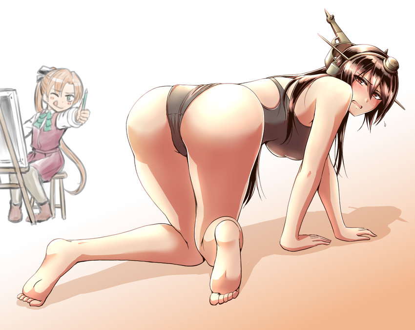 ;q akigumo_(kantai_collection) all_fours ass bare_arms bare_legs bare_shoulders barefoot black_hair black_leotard blush breasts canvas_(object) commentary_request competition_swimsuit embarrassed feet from_behind full_body headgear kanno_takanori kantai_collection large_breasts leotard long_hair looking_at_viewer looking_back multiple_girls nagato_(kantai_collection) neck_ribbon one-piece_swimsuit one_eye_closed parted_lips ponytail red_eyes ribbon school_uniform sitting skirt skirt_set soles swimsuit thumbs_up tongue tongue_out