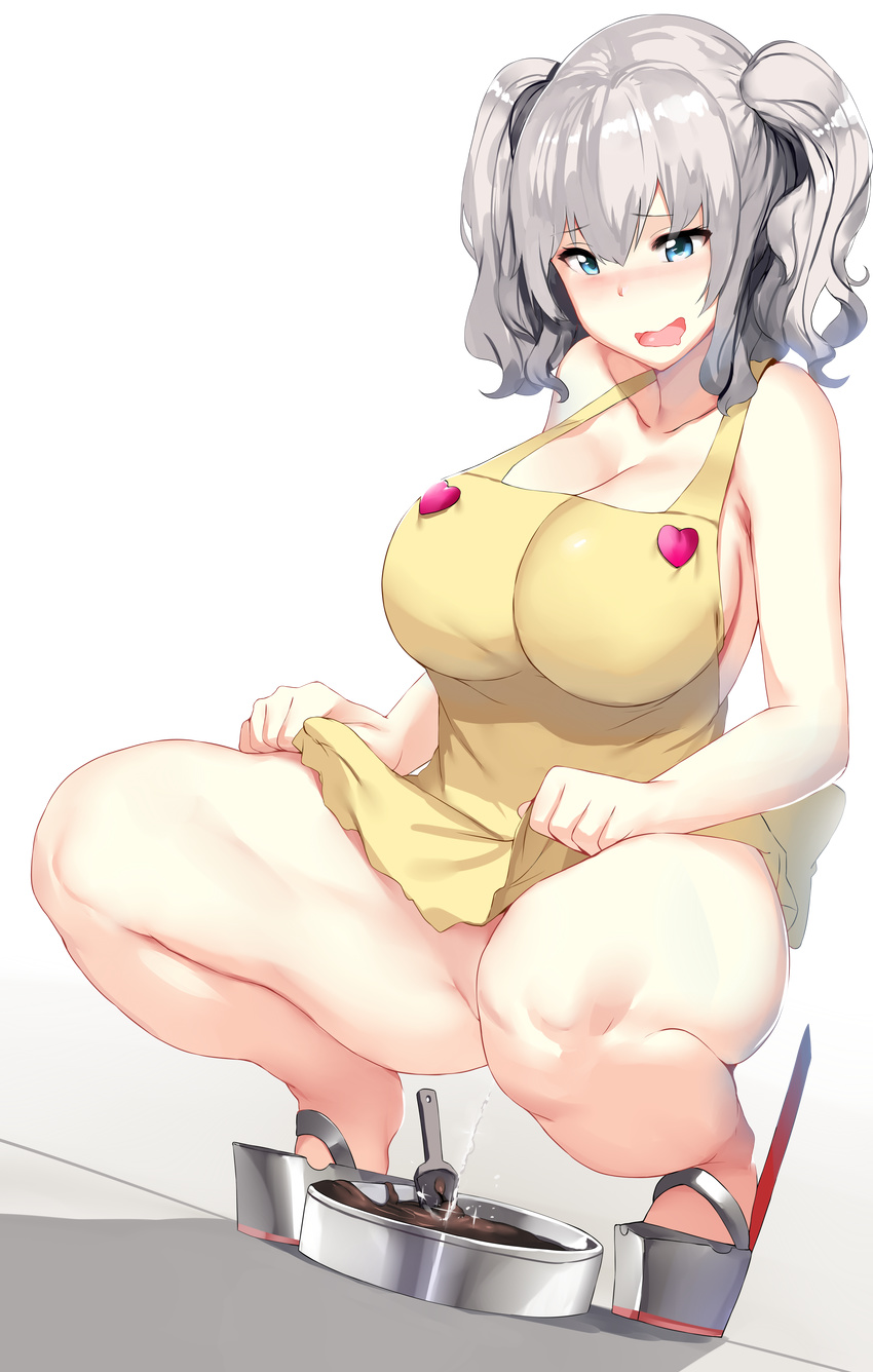 absurdres apron apron_hold apron_lift bangs bare_arms bare_shoulders blue_eyes blush bowl breasts chocolate chocolate_making cleavage collarbone drooling eyebrows_visible_through_hair food full_body hair_between_eyes heart_button hews_hack highres kantai_collection kashima_(kantai_collection) large_breasts legs lifted_by_self long_hair naked_apron nose_blush open_mouth paid_reward patreon_reward pee peeing platform_footwear shadow silver_hair smile solo spoon squatting thighs transparent_background twintails valentine wavy_hair