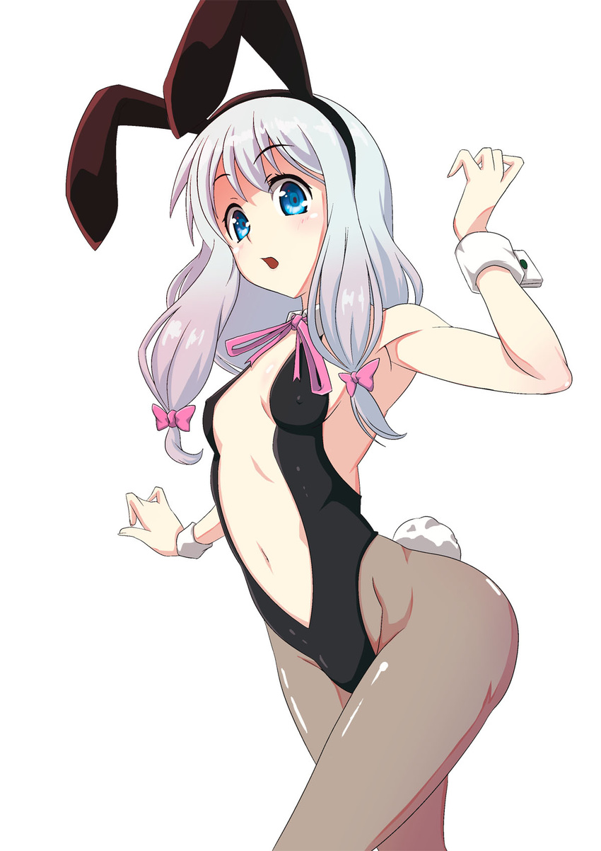 animal_ears arm_up armpits black_hairband black_legwear black_leotard blue_eyes bow breasts bunny_ears bunny_tail bunnysuit commentary_request covered_nipples cowboy_shot eromanga_sensei eyebrows_visible_through_hair fake_animal_ears hair_bow hairband highres izumi_sagiri leotard long_hair midriff navel open_mouth pantyhose pink_bow risian shiny shiny_clothes silver_hair simple_background small_breasts solo standing stomach tail white_background wrist_cuffs