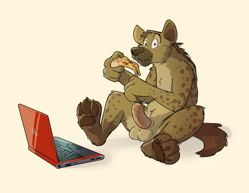 anthro balls computer eating erection feet food hyena laptop looking_at_viewer male mammal nude paintfox pawpads paws penis pizza simple_background