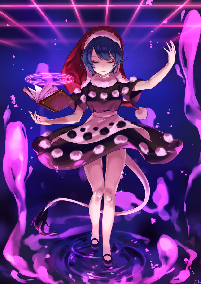 absurdres black_dress black_footwear blue_hair book closed_eyes doremy_sweet dream_soul dress full_body fur_collar hat highres magic_circle nightcap outstretched_arm pom_pom_(clothes) ripples shan shoes short_hair short_sleeves solo standing tail tapir_tail touhou