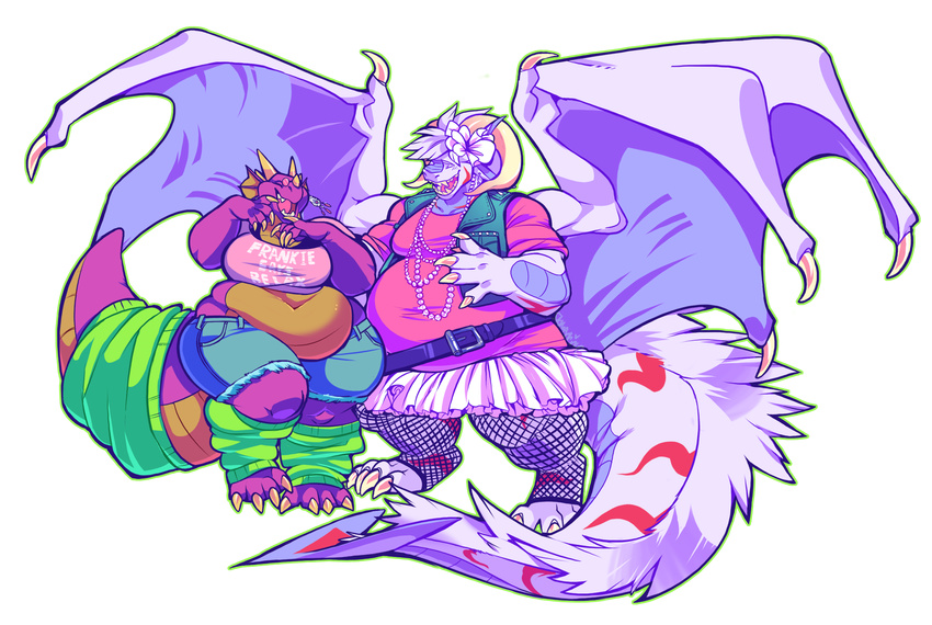 anthro clothed clothing dinosaur dragon duo female horn membranous_wings obese open_mouth overweight skymachine smile standing wings