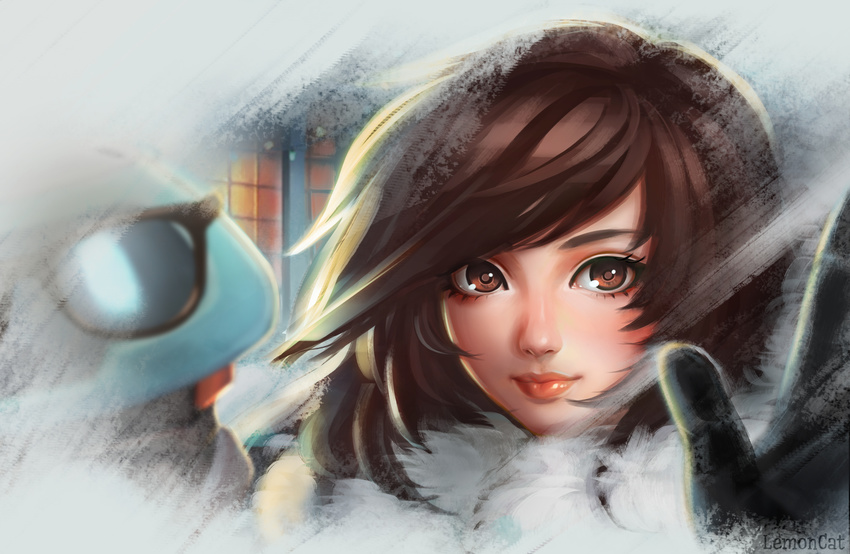 absurdres artist_name black_gloves brown_eyes brown_hair closed_mouth eyelashes fur_trim gloves highres lemon_cat looking_at_viewer mei_(overwatch) nose overwatch portrait solo