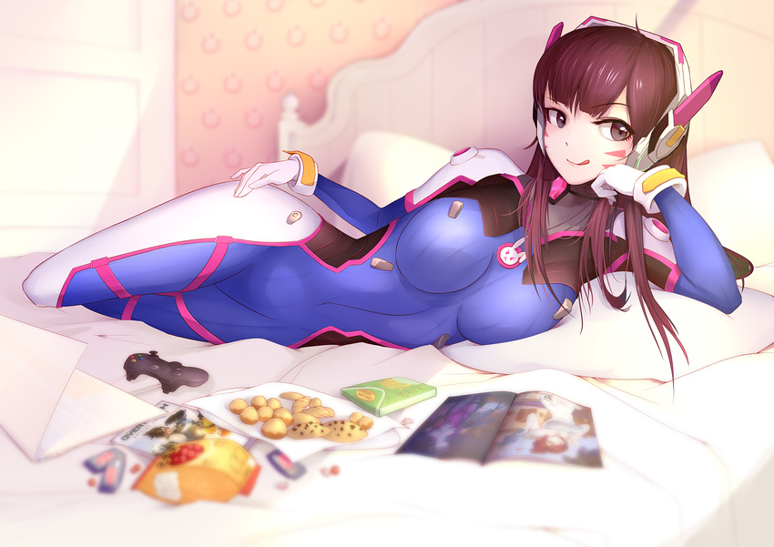 ;q animal_print bangs bed bed_sheet blunt_bangs bodysuit boots bracer breasts breasts_apart brown_eyes brown_hair bunny_print closed_mouth commentary computer controller cookie covered_navel d.va_(overwatch) eyebrows eyebrows_visible_through_hair eyelashes facepaint facial_mark food full_body game_controller gamepad gloves hand_on_own_cheek hand_on_own_face head_rest headphones high_collar highres indoors laptop large_breasts legs_together lips liu_lan long_hair long_sleeves looking_at_viewer lying mei_(overwatch) on_bed on_side one_eye_closed overwatch pauldrons pillow pilot_suit pink_lips revision ribbed_bodysuit shoulder_pads skin_tight smile snack solo thigh_boots thigh_strap thighhighs tongue tongue_out tracer_(overwatch) turtleneck whisker_markings white_footwear white_gloves widowmaker_(overwatch) window