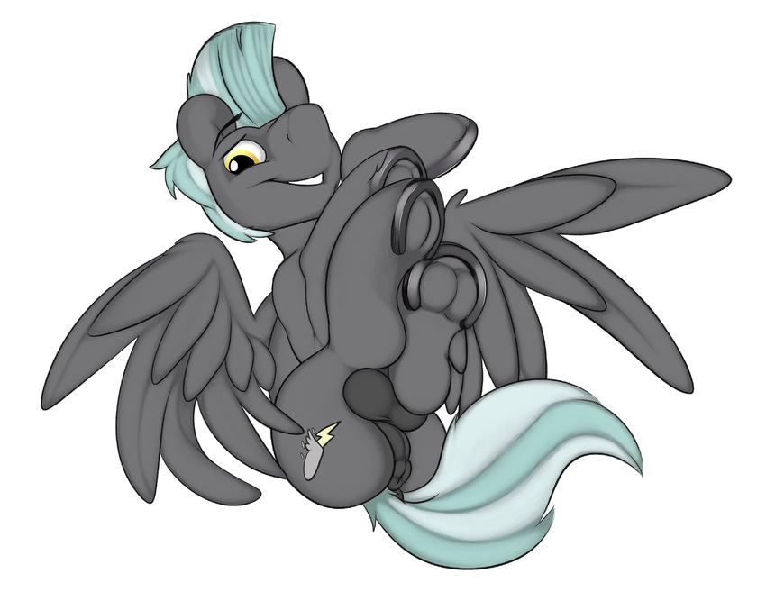 amazin-arts anus balls blue_hair cute cutie_mark equine feathers friendship_is_magic fur grey_skin hair hi_res hooves horseshoe looking_at_viewer lying male mammal my_little_pony on_back pegasus semi-anthro simple_background smile snout solo teeth thunderlane_(mlp) white_background wings yellow_eyes