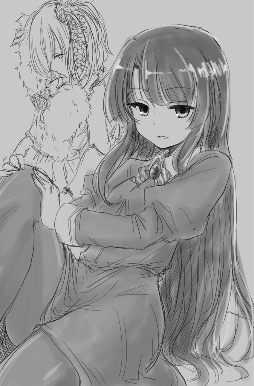 bangs bow bowtie commentary_request doll dress efukei expressionless eyebrows_visible_through_hair grey_background greyscale hands_on_own_knee highres juliet_sleeves kaoruko_sayaka long_hair long_sleeves looking_at_viewer monochrome open_mouth original pantyhose profile puffy_sleeves short_hair sidelocks simple_background sitting touhou very_long_hair